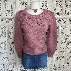 Vintage IQ Knitwear Wool Blend Pink Coquette Ruffle Collar Sweater Sz Small